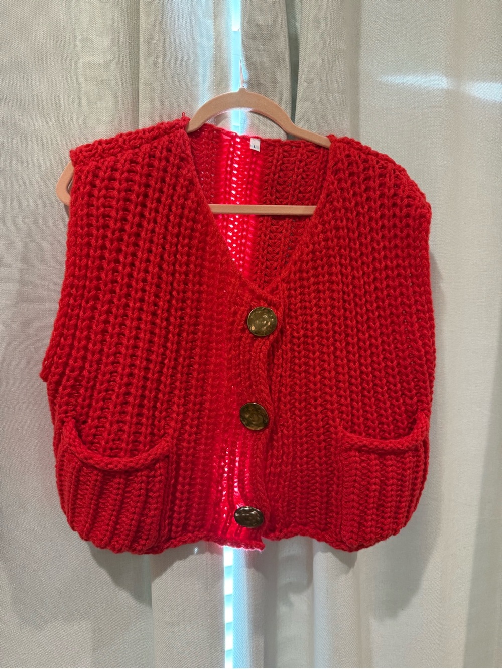 Amazon Red Chunky Knit V-Neck Button Front Vest